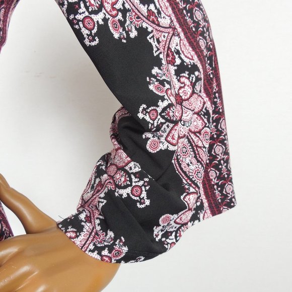 DRESSBARN Top L Tunic Blouse Red/Black Print Stretch V-Neck 3/4 Asymmetric Slvs - Picture 6 of 11